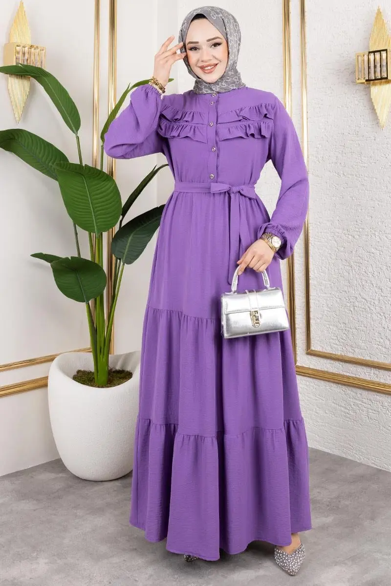 Önü Fırfır Detaylı Aerobin Elbise Lila-detail