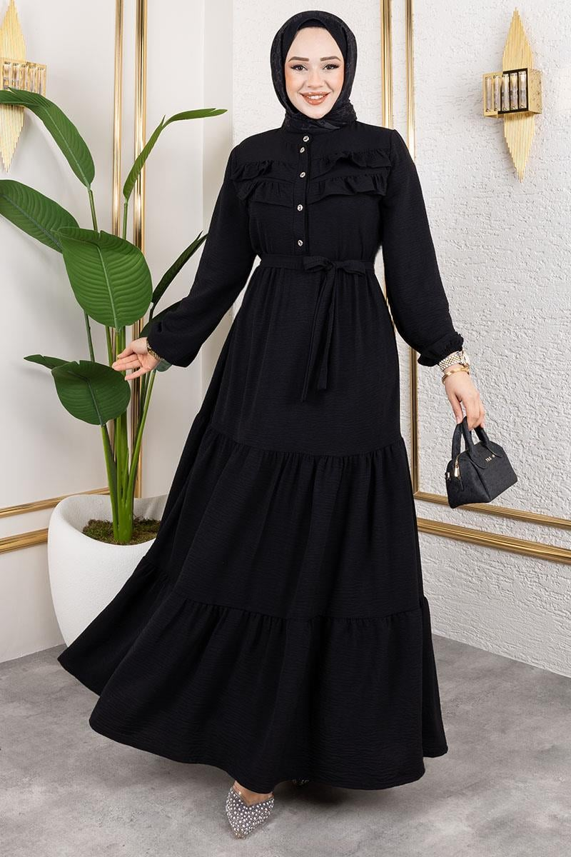 Önü Fırfır Detaylı Aerobin Elbise Siyah
