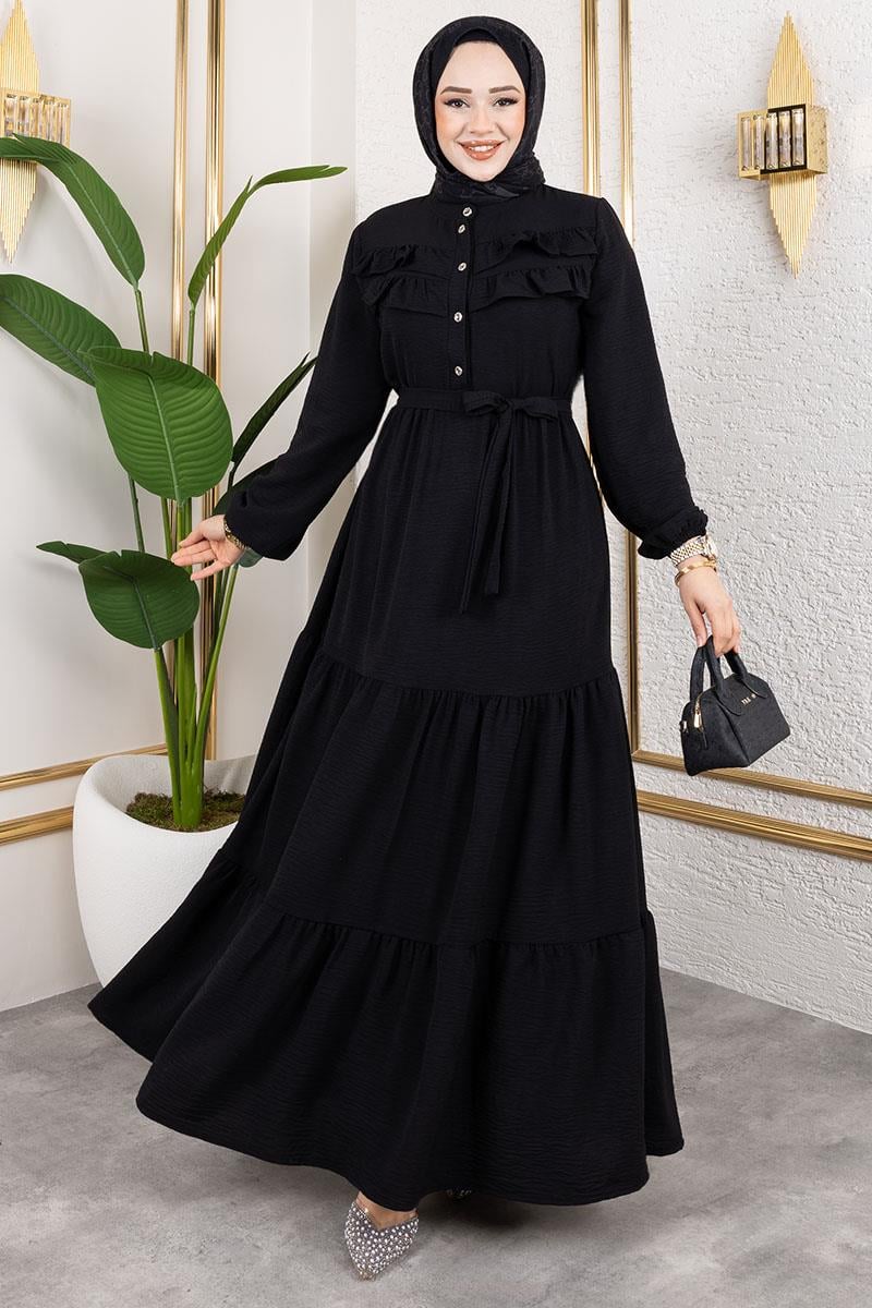 Önü Fırfır Detaylı Aerobin Elbise Siyah