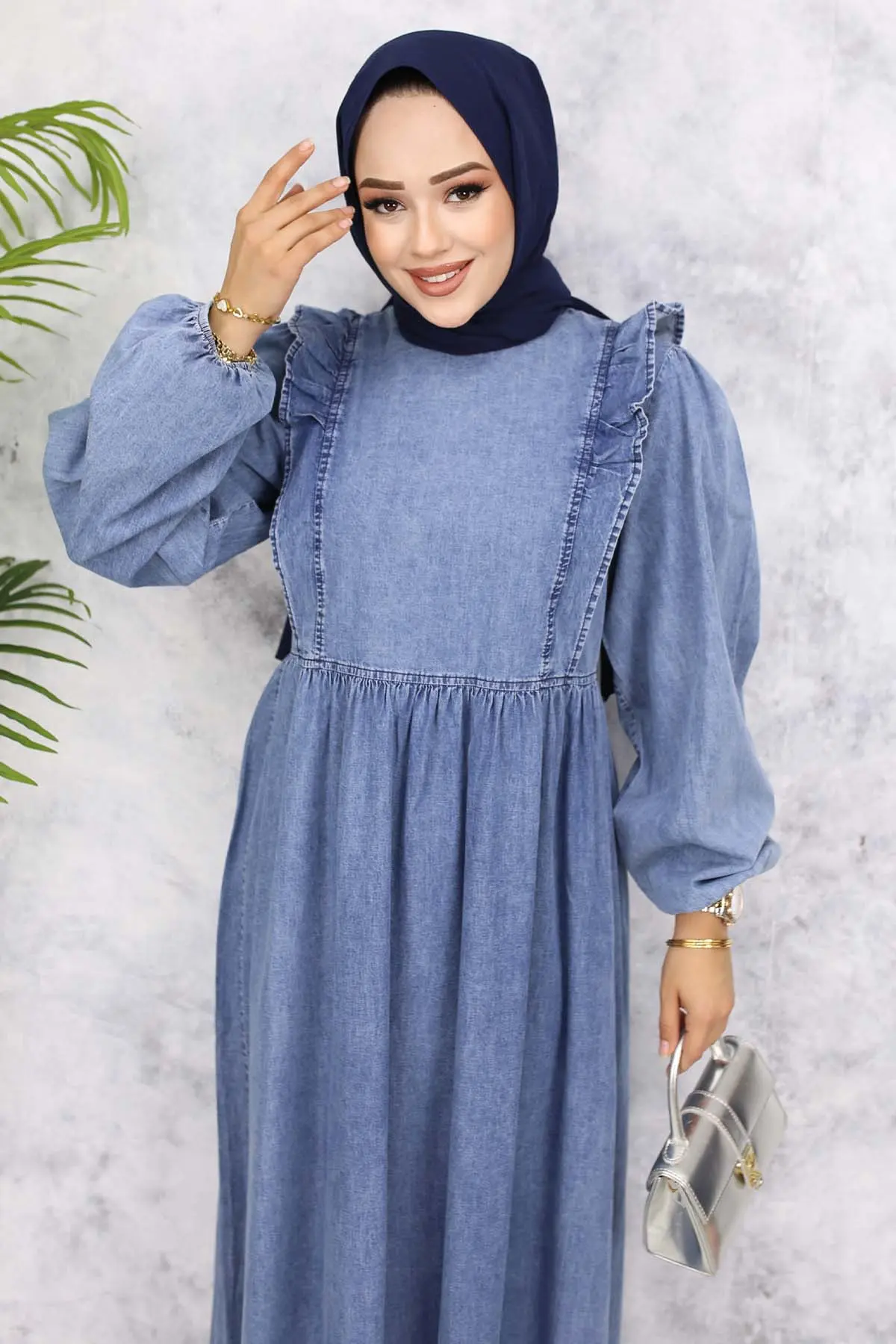 Önü Fırfır Detaylı Kot Elbise Mavi 837-1-detail