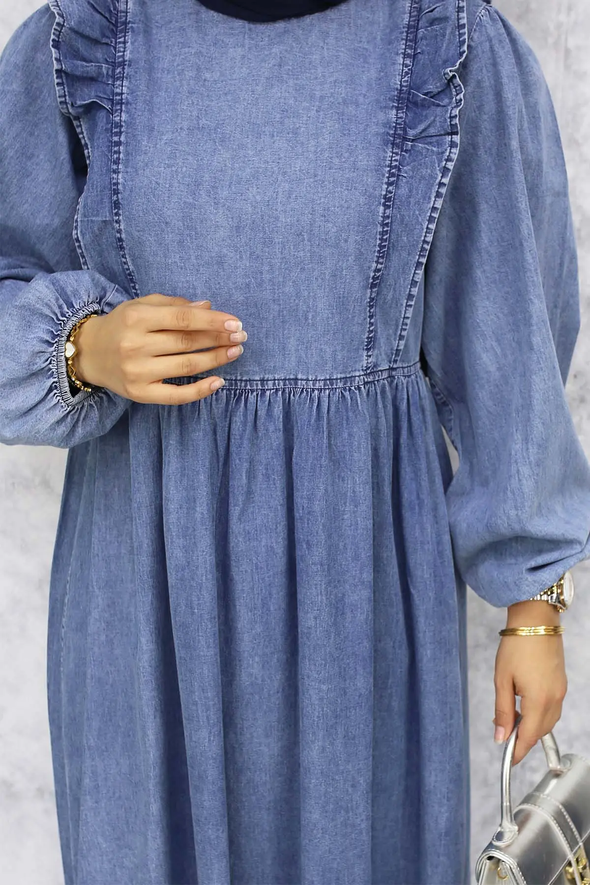 Önü Fırfır Detaylı Kot Elbise Mavi 837-1-detail