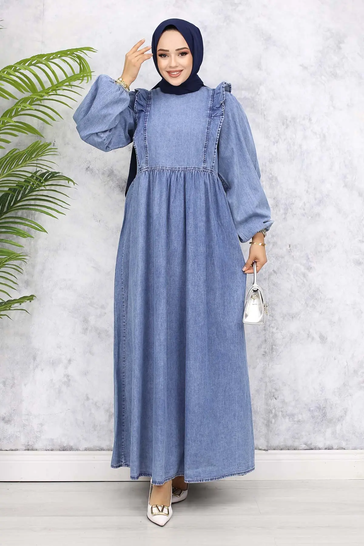Önü Fırfır Detaylı Kot Elbise Mavi 837-1-detail