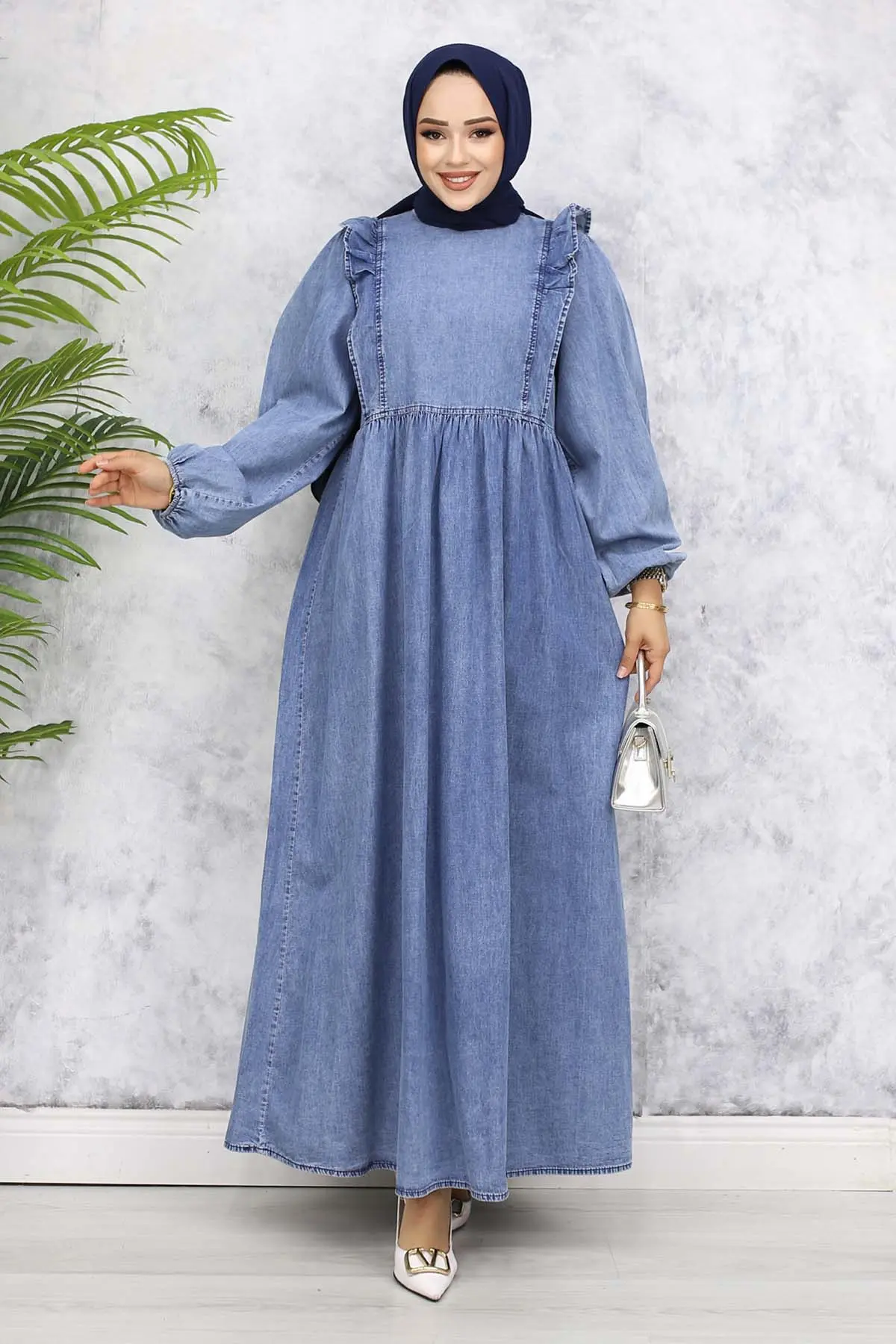 Önü Fırfır Detaylı Kot Elbise Mavi 837-1-detail