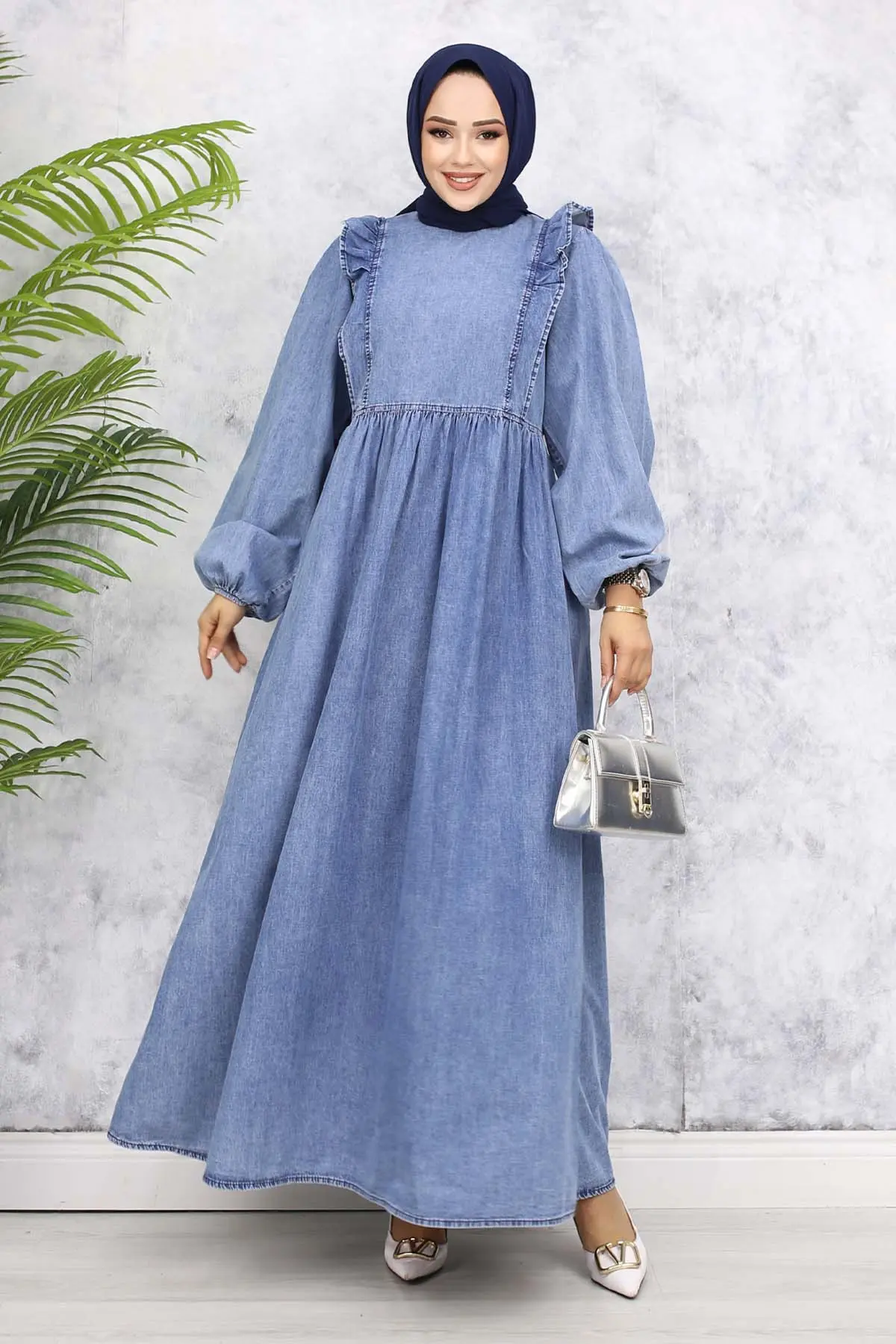 Önü Fırfır Detaylı Kot Elbise Mavi 837-1-detail