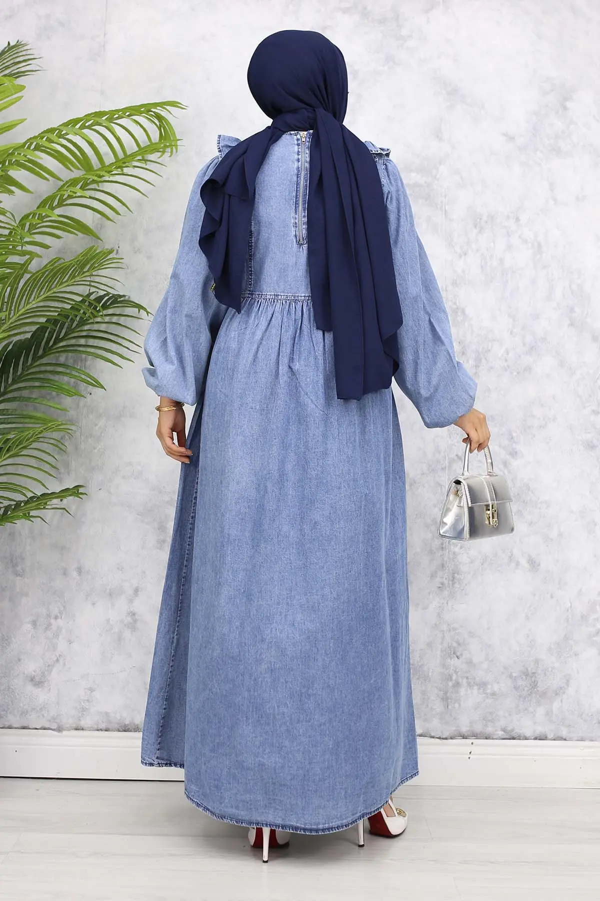 Önü Fırfır Detaylı Kot Elbise Mavi 837-1-detail