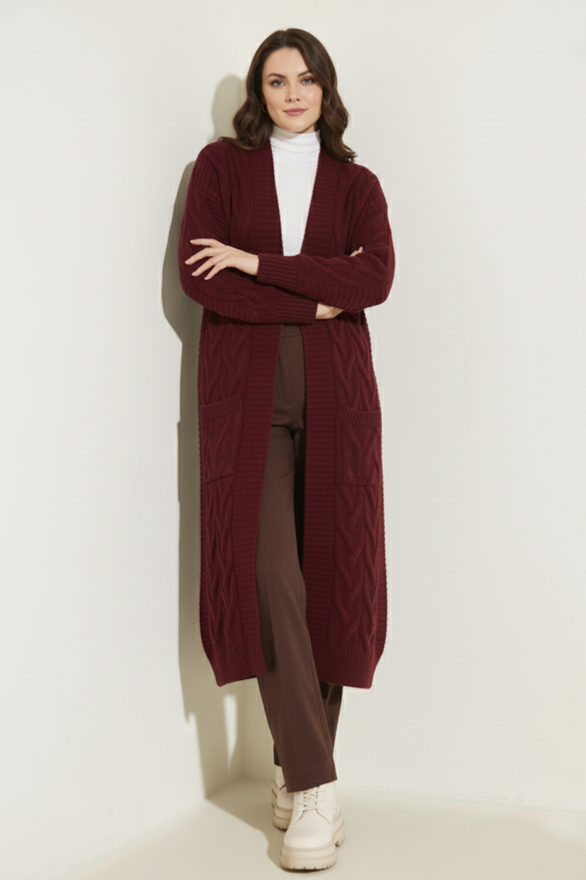 Long Knitted Cardigan With Knitted Pattern
