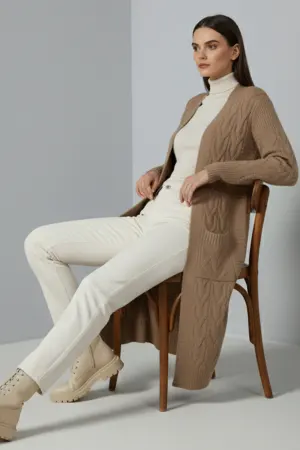 Long Knitted Cardigan With Knitted Pattern