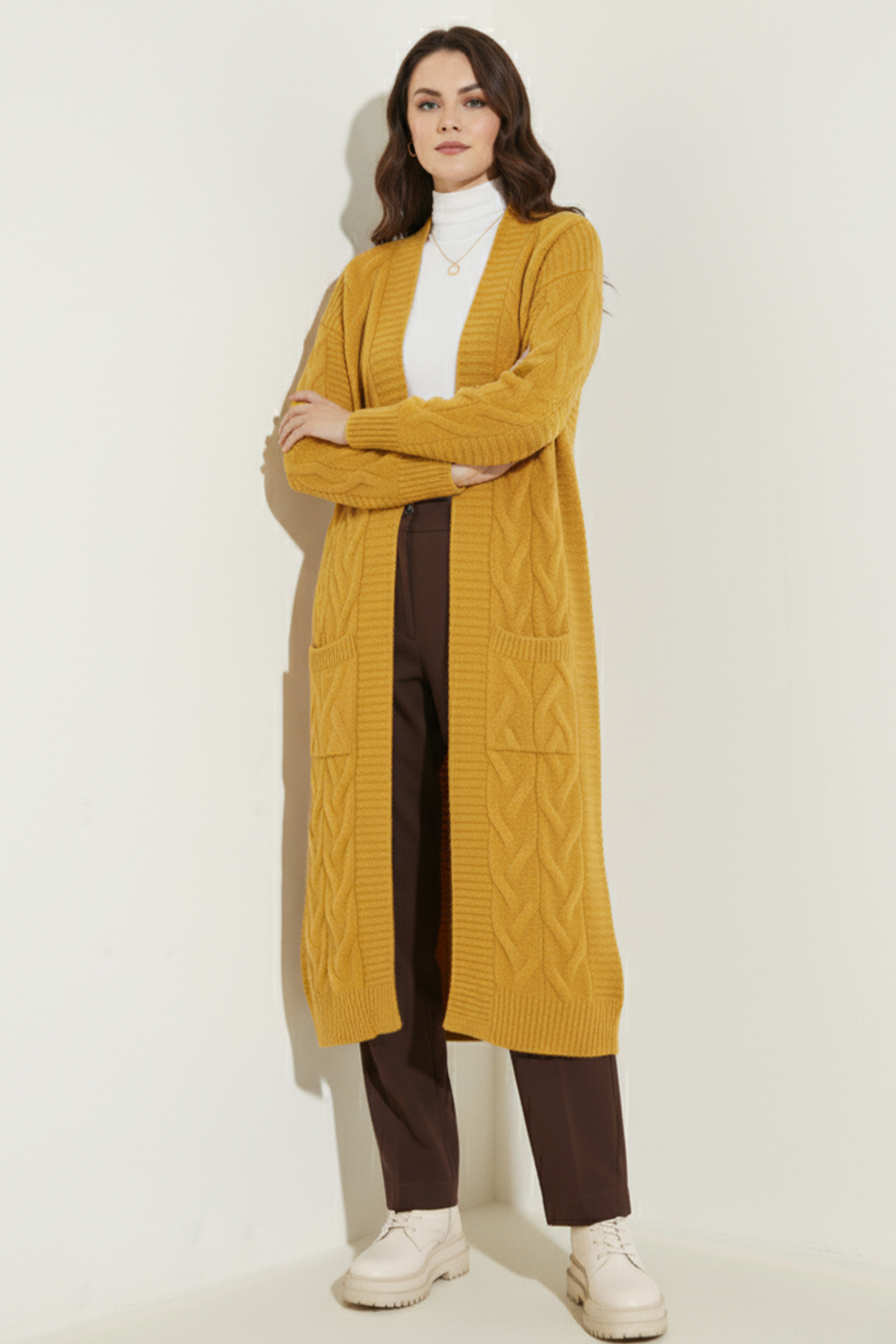 Long Knitted Cardigan With Knitted Pattern