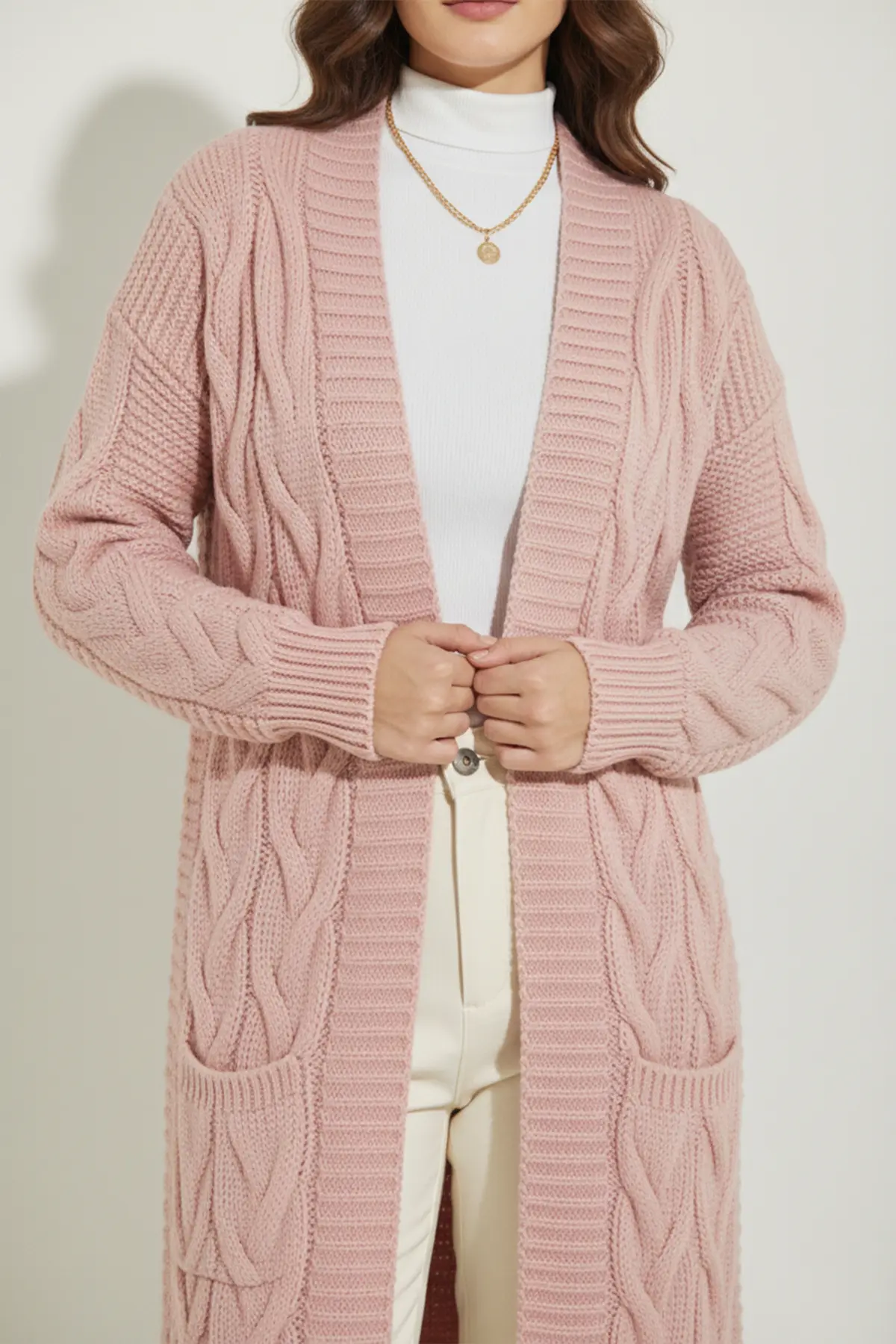 Örgü Desenli Uzun Triko Hırka-detail