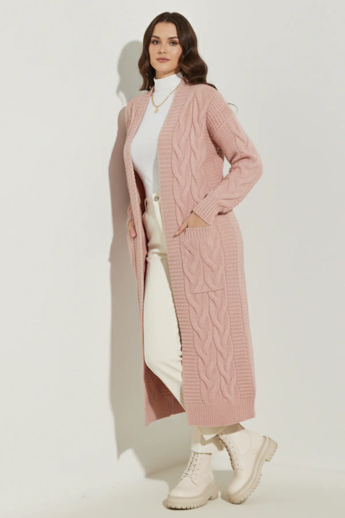 Örgü Desenli Uzun Triko Hırka-detail