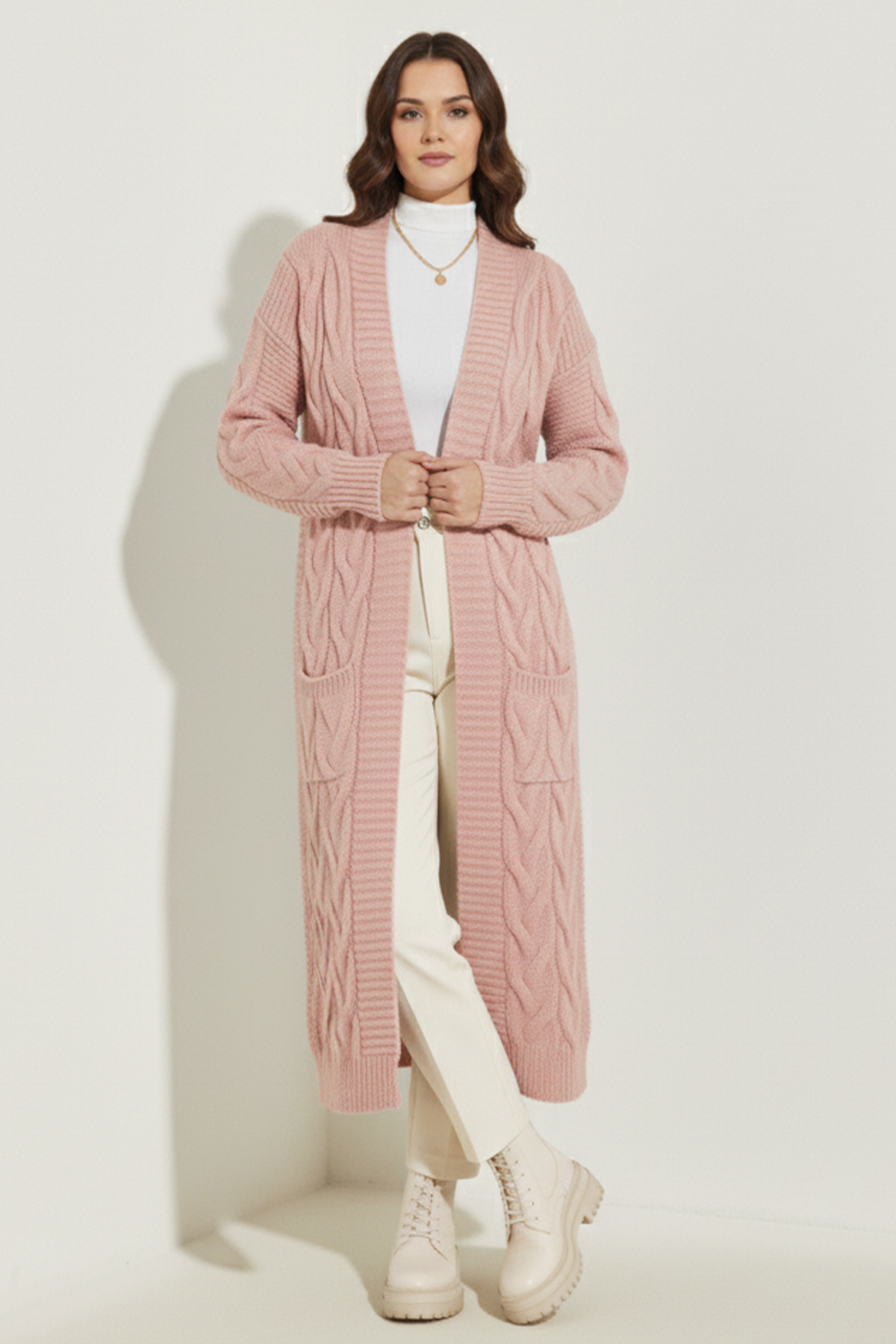 Örgü Desenli Uzun Triko Hırka