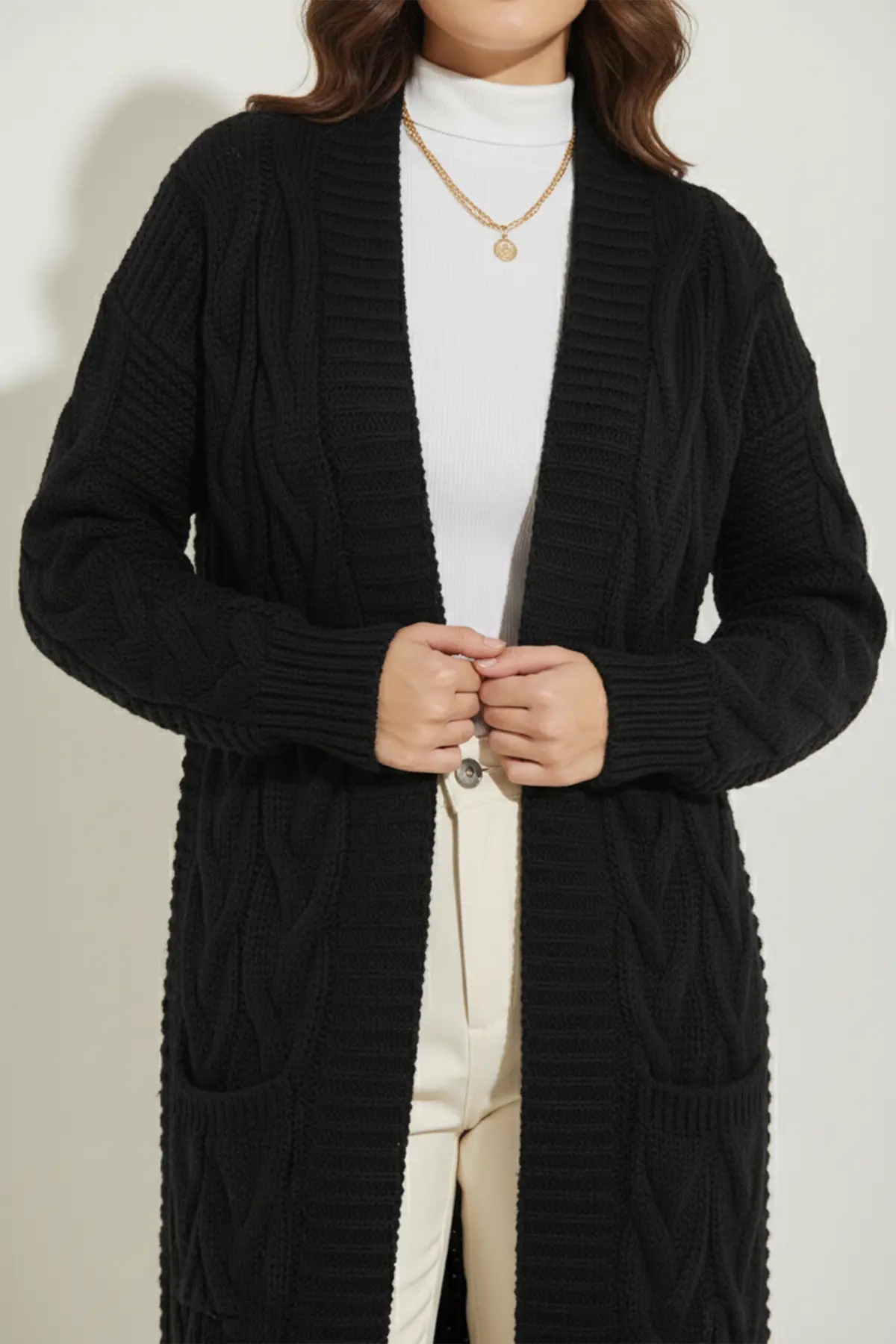 Örgü Desenli Uzun Triko Hırka-detail