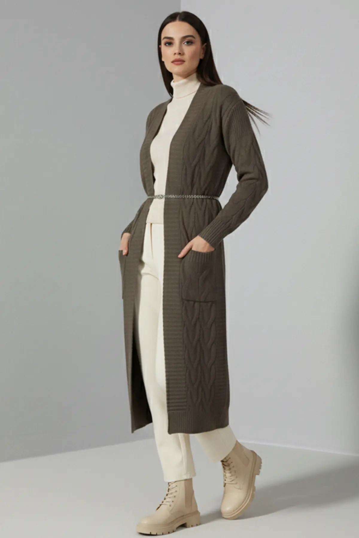 Örgü Desenli Uzun Triko Hırka-detail