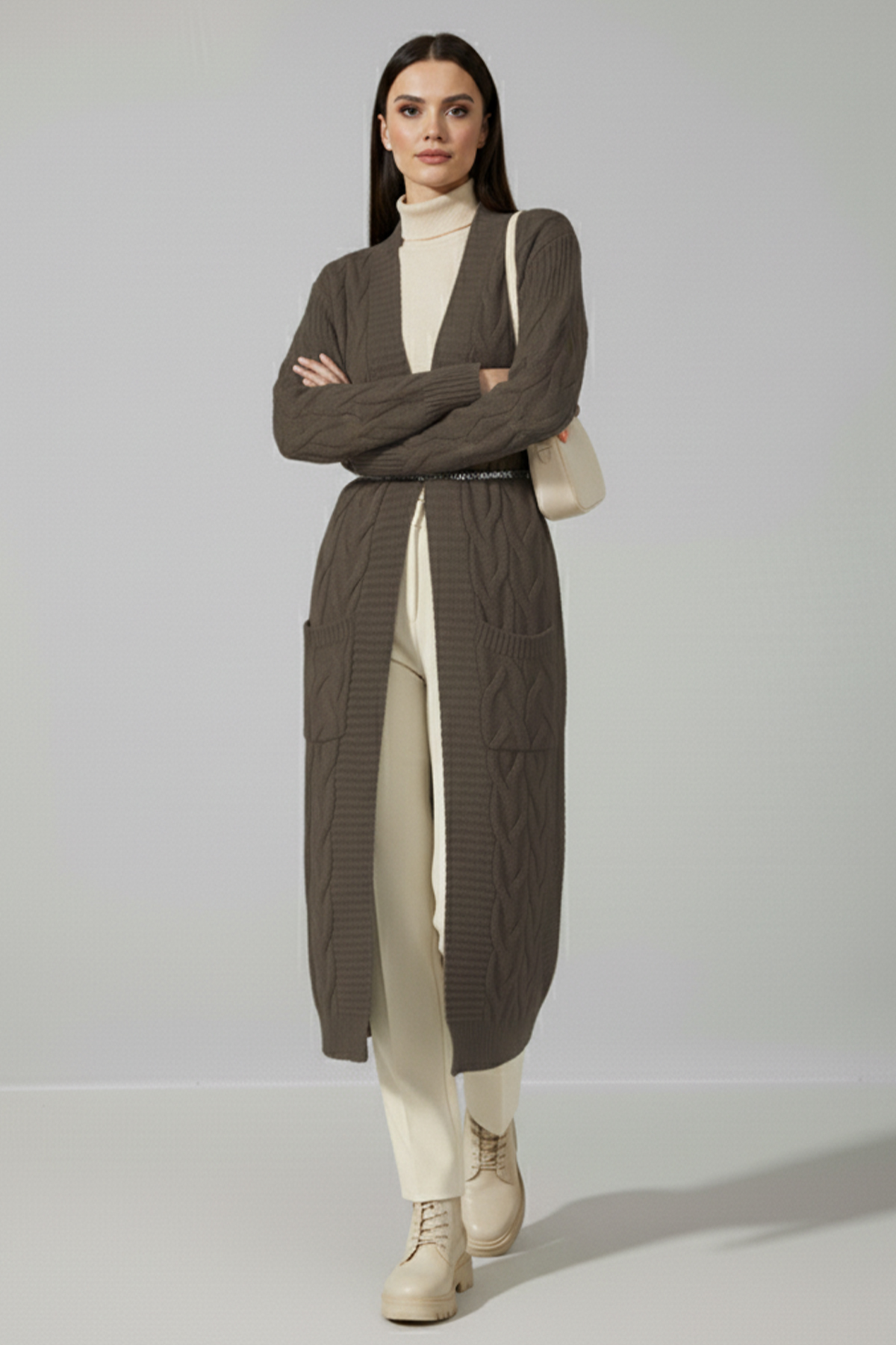 Long Knitted Cardigan With Knitted Pattern