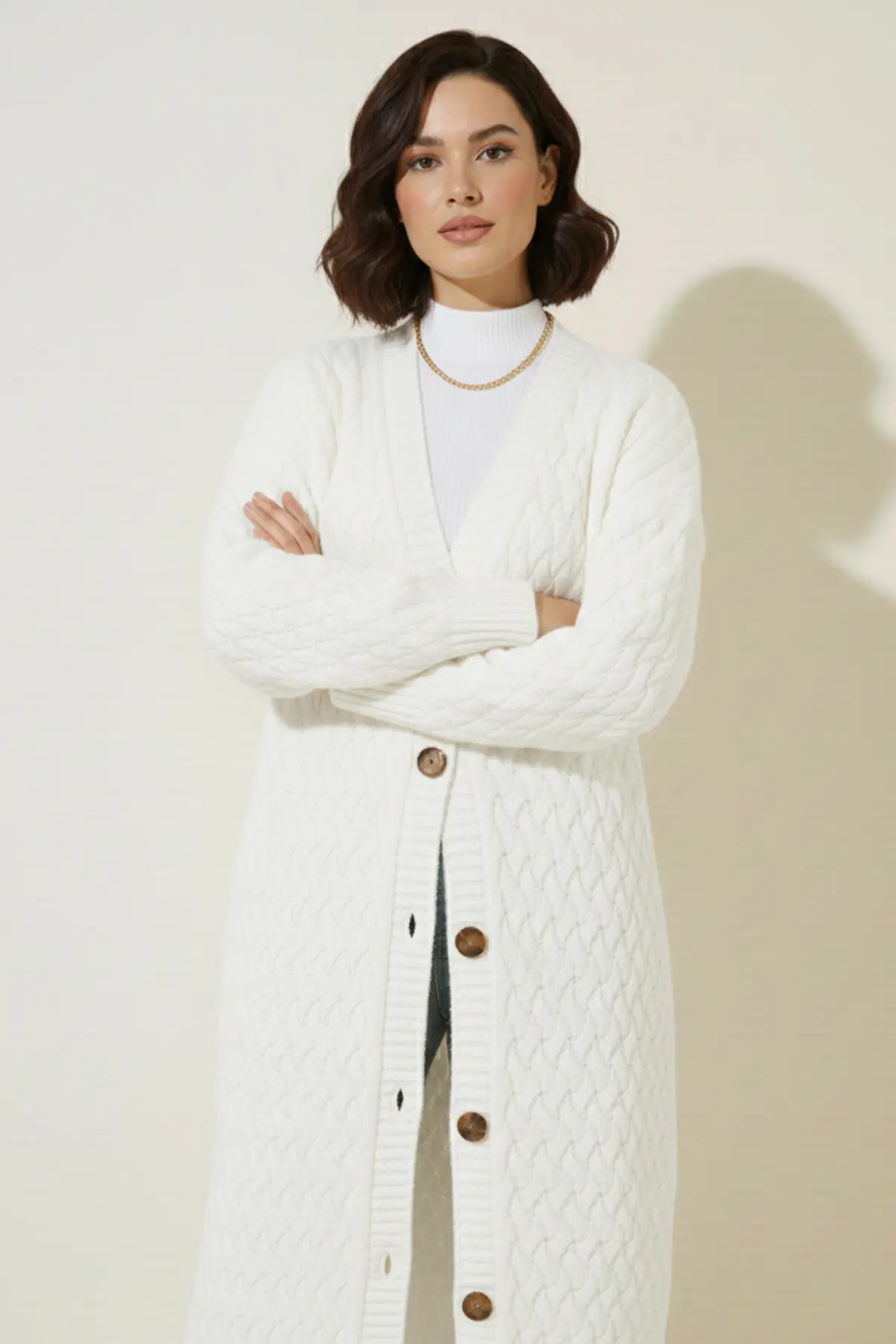 Long Knitted Cardigan With Knitted Pattern-detail