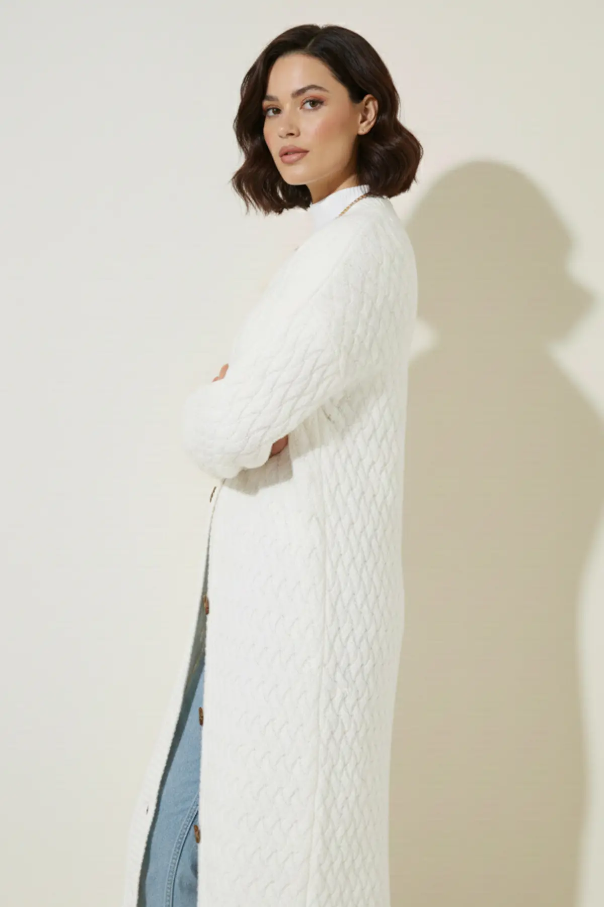 Long Knitted Cardigan With Knitted Pattern-detail