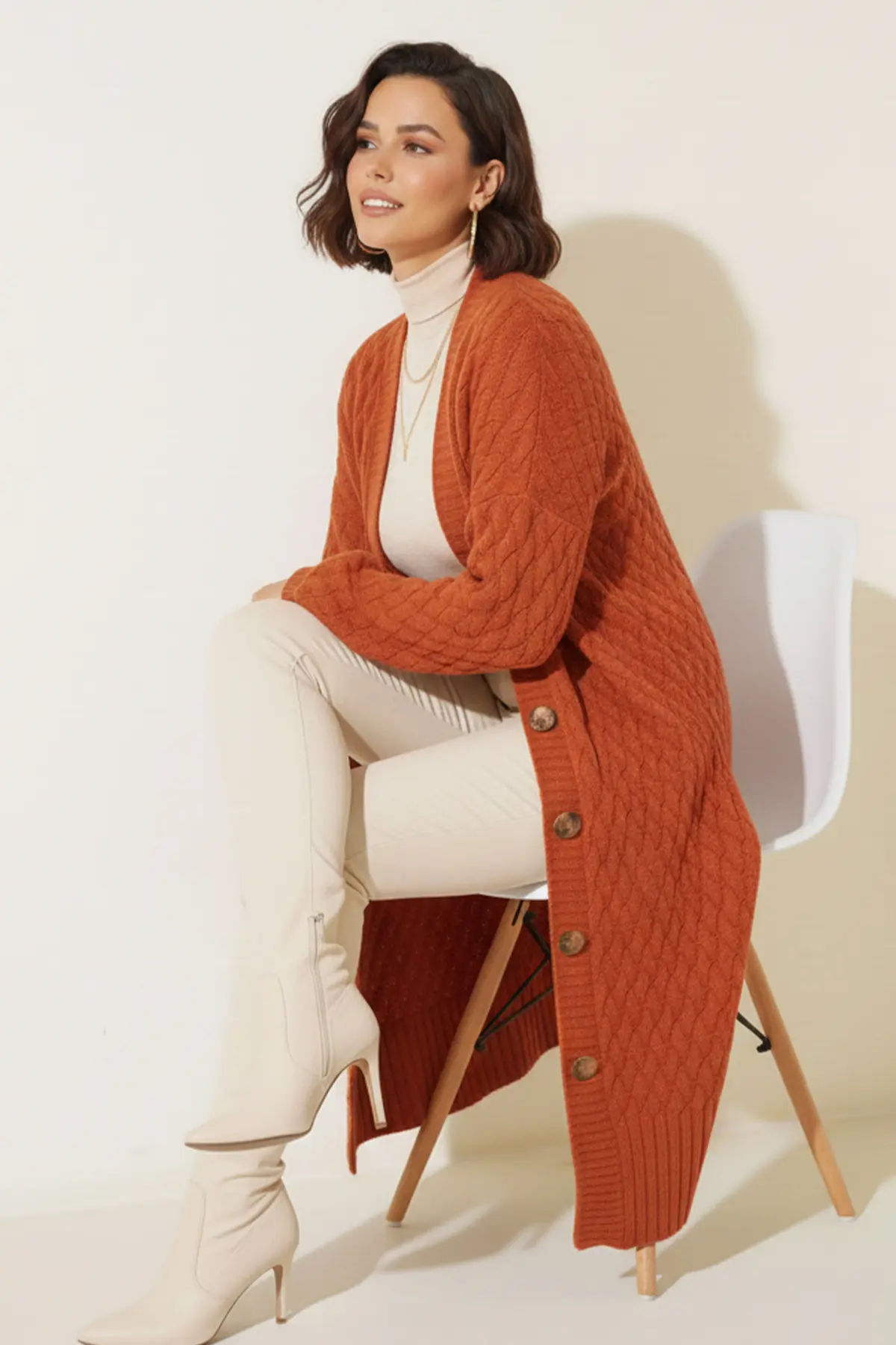 Long Knitted Cardigan With Knitted Pattern-detail