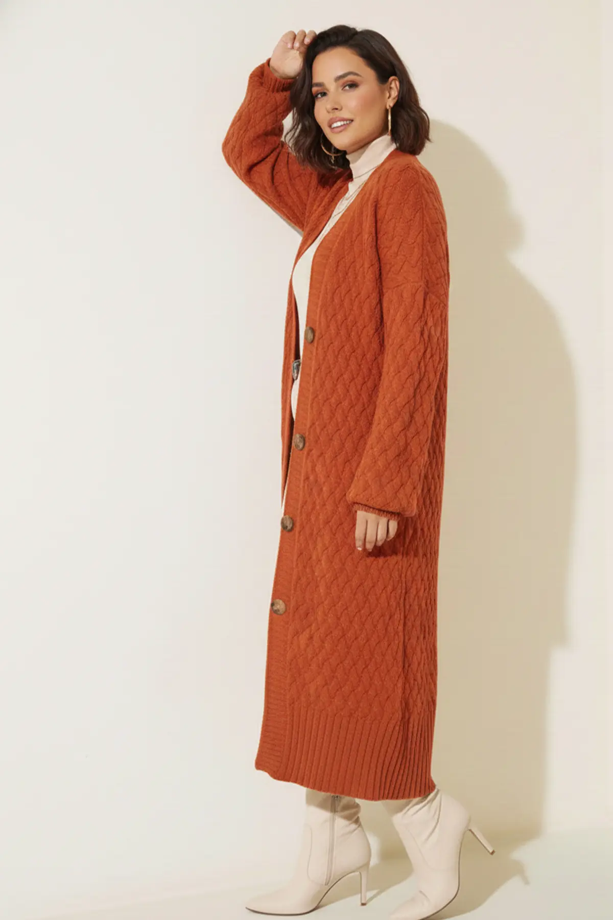 Long Knitted Cardigan With Knitted Pattern-detail