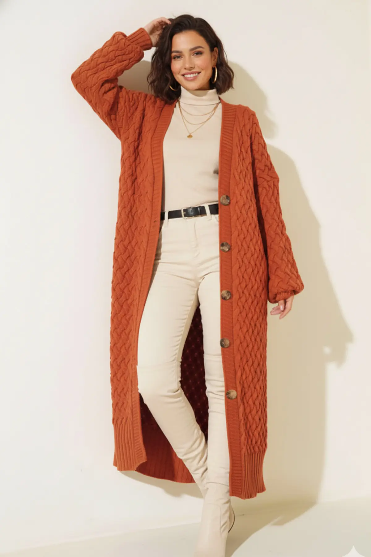 Long Knitted Cardigan With Knitted Pattern
