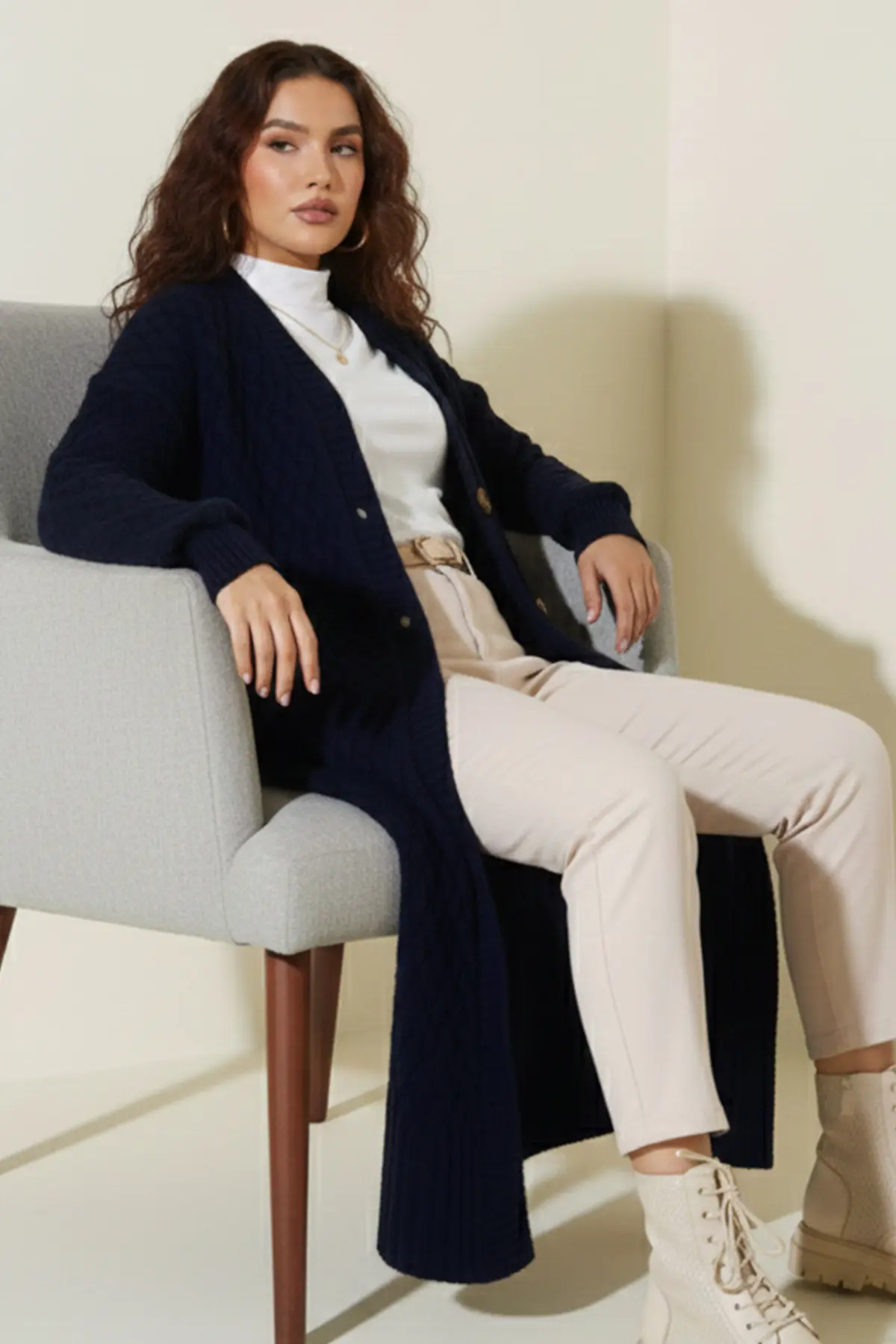 Örgü Desenli Uzun Triko Hırka-detail