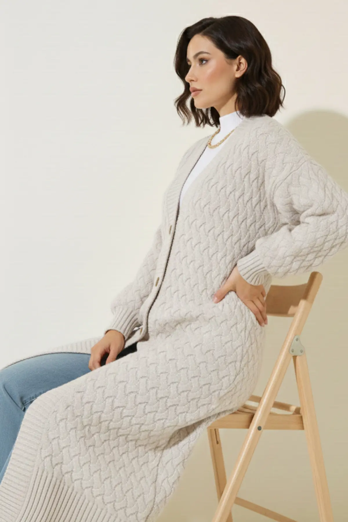 Örgü Desenli Uzun Triko Hırka-detail