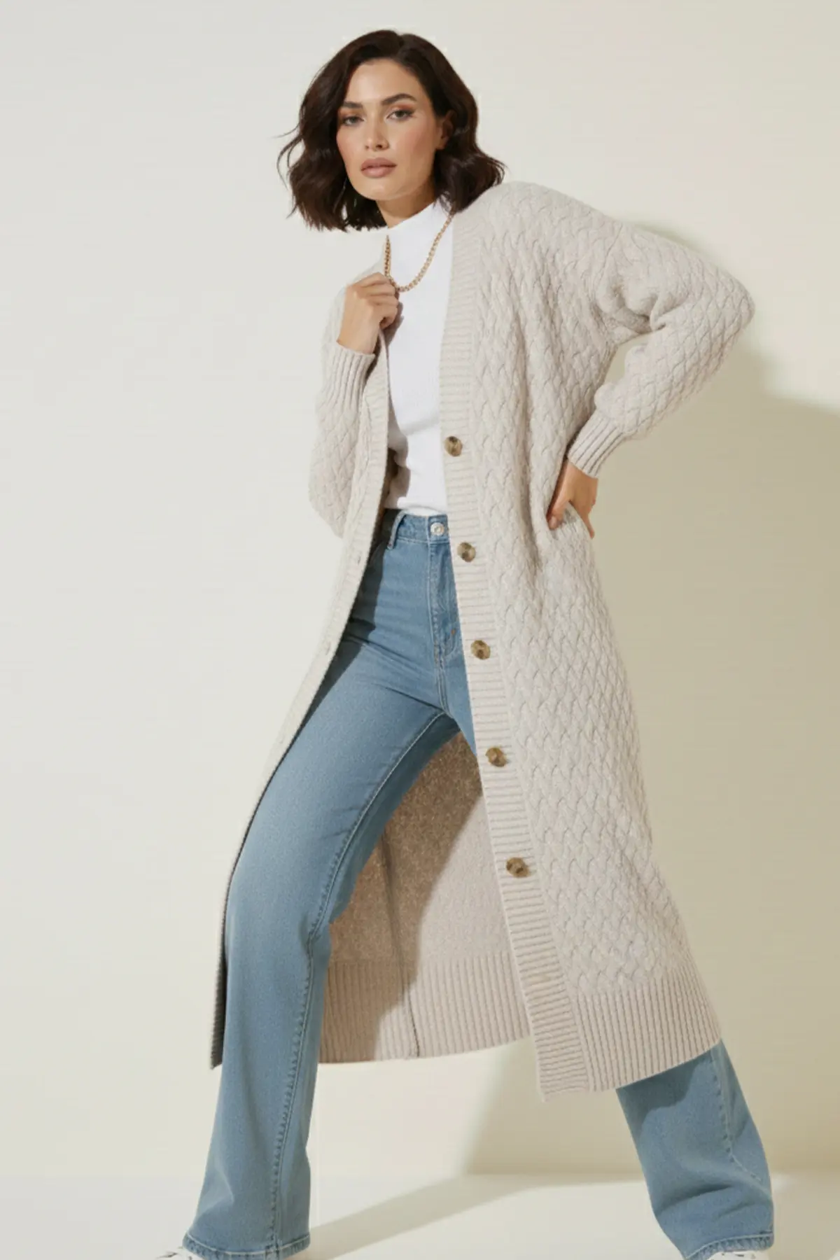 Örgü Desenli Uzun Triko Hırka-detail