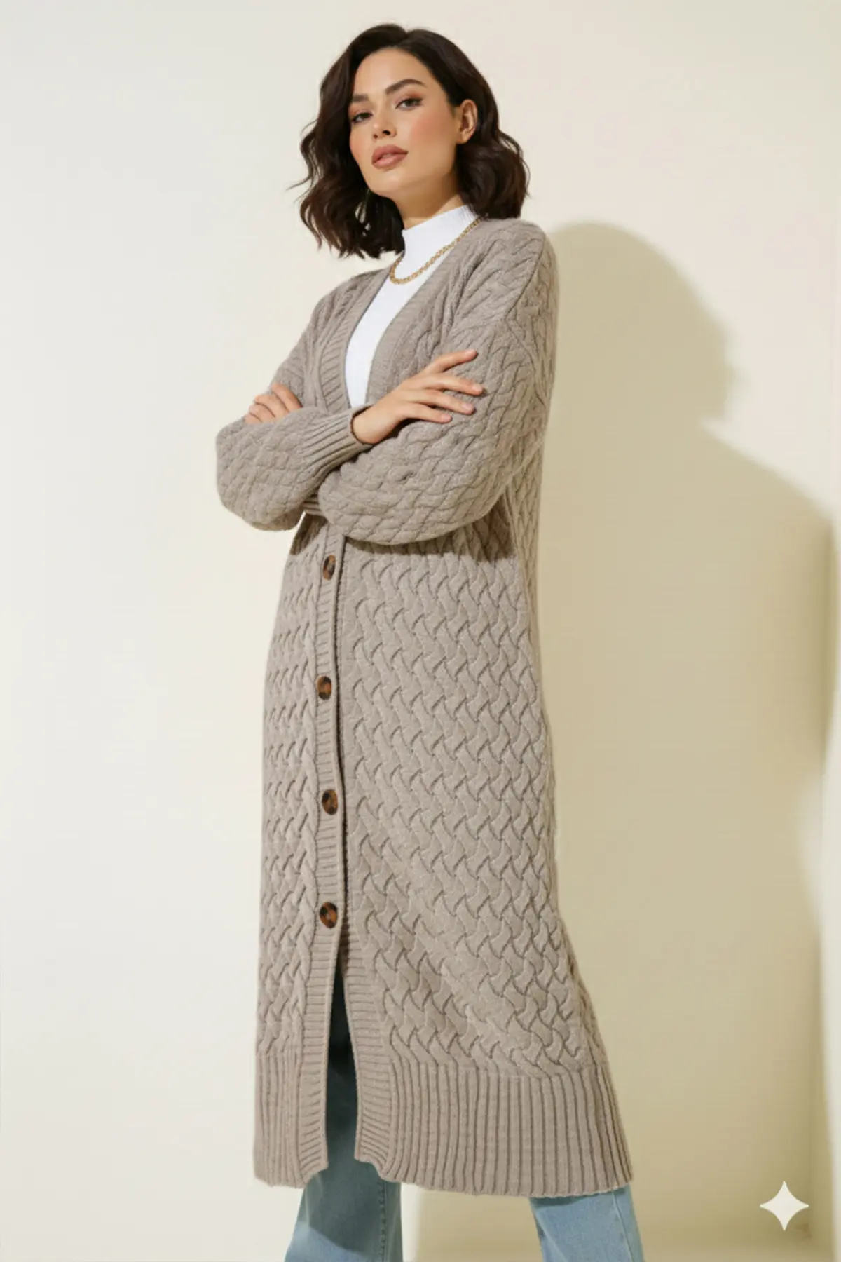 Long Knitted Cardigan With Knitted Pattern-detail