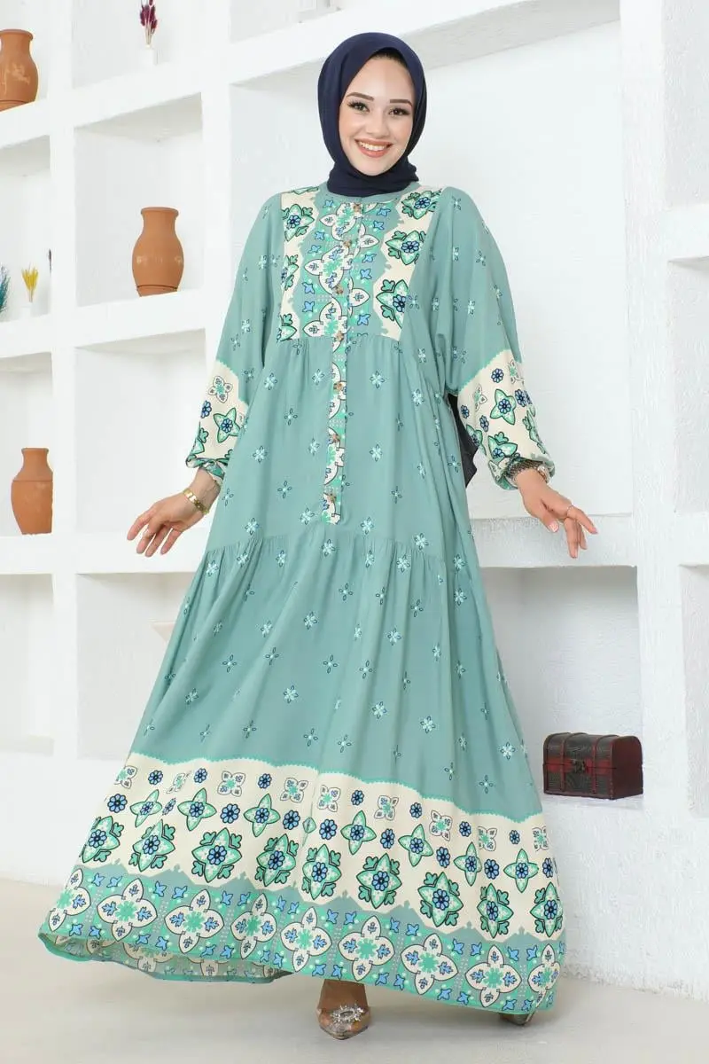 Otantik Desenli Viskon Elbise Çagla Yeşili-detail