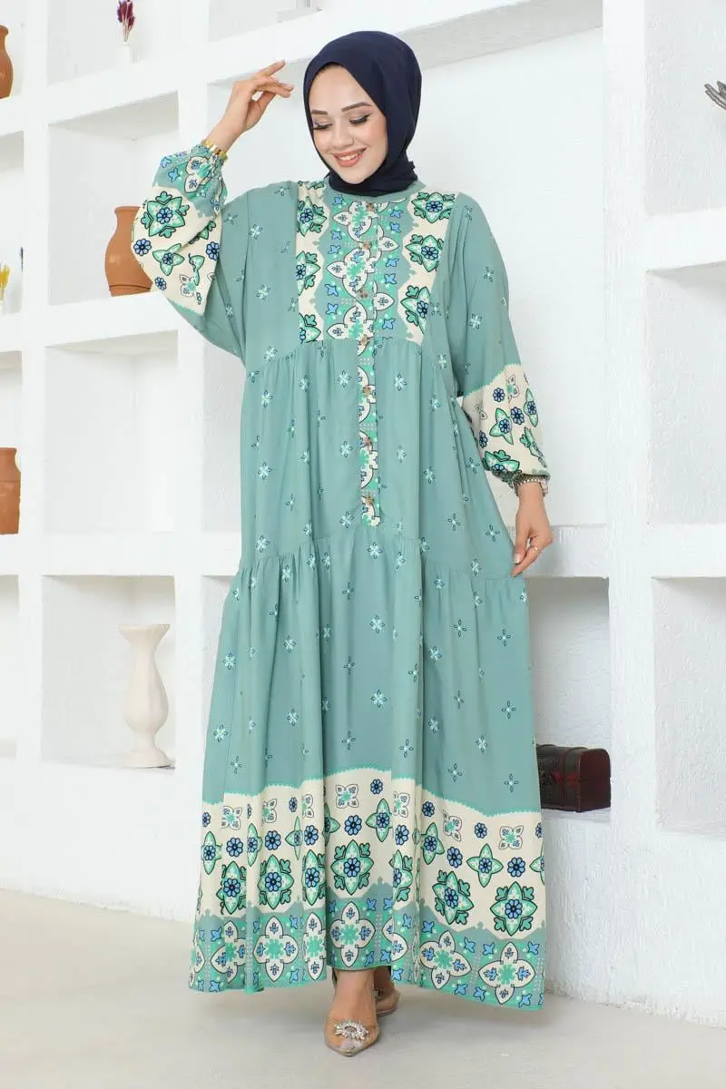 Otantik Desenli Viskon Elbise Çagla Yeşili-detail