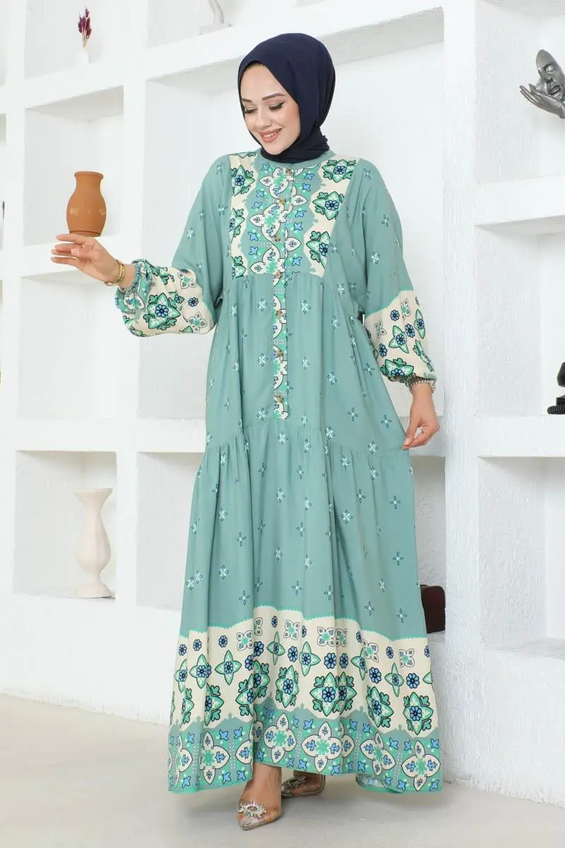 Otantik Desenli Viskon Elbise Çagla Yeşili-detail