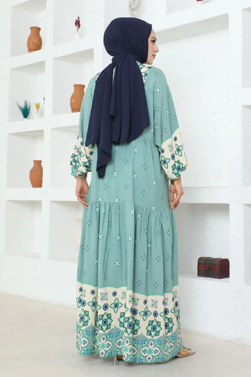 Otantik Desenli Viskon Elbise Çagla Yeşili-detail