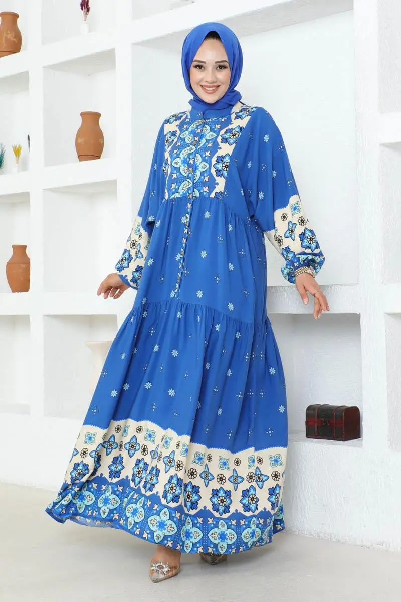 Otantik Desenli Viskon Elbise Indigo-detail