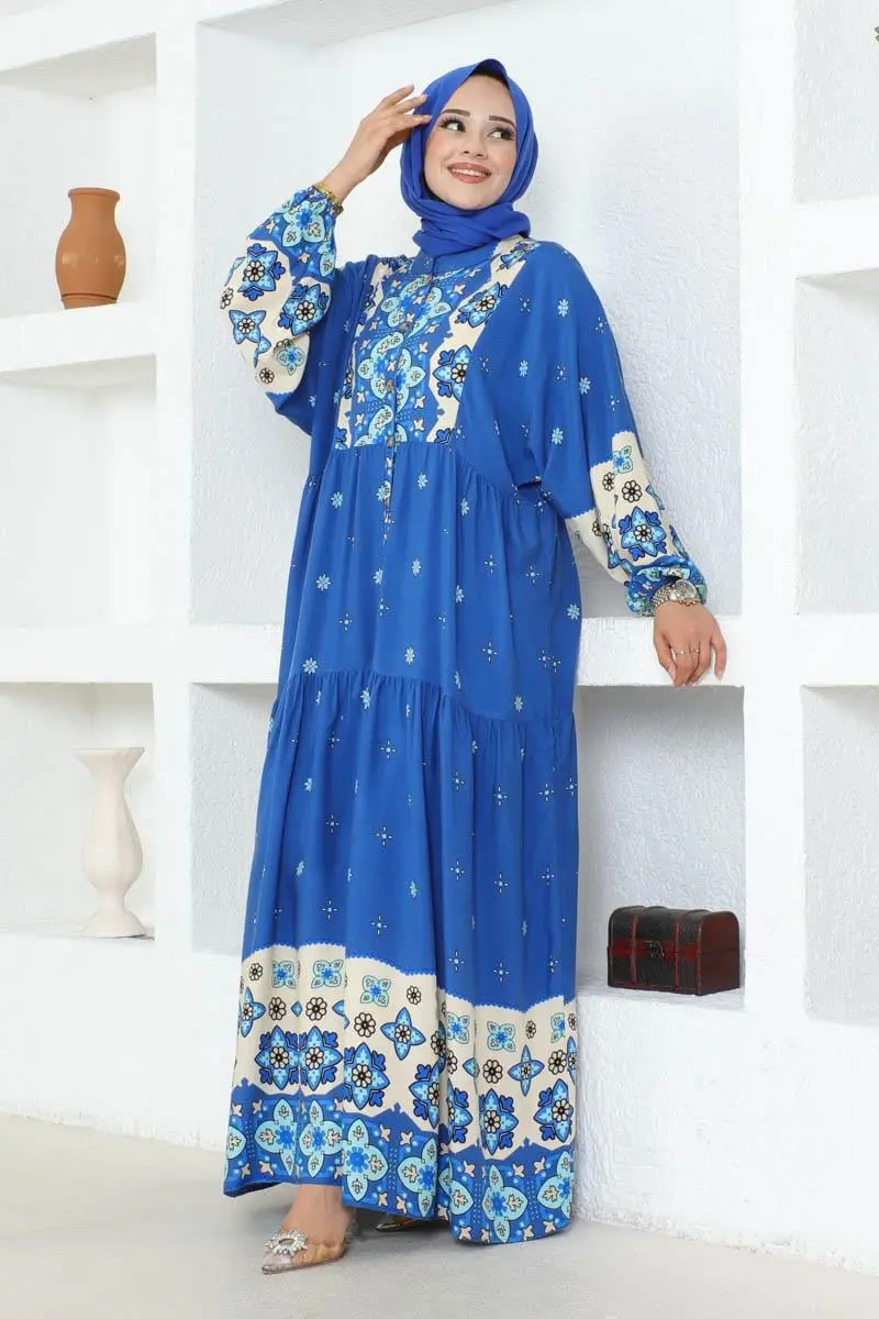 Otantik Desenli Viskon Elbise Indigo-detail