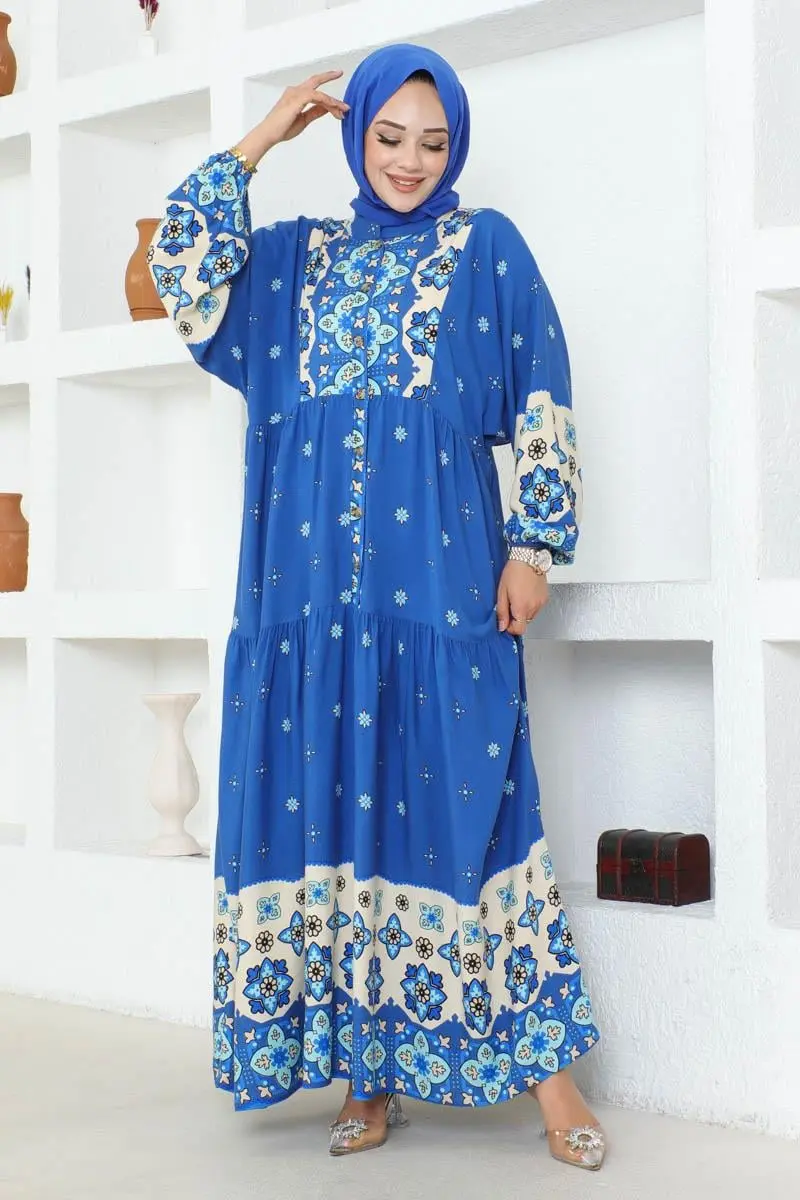 Otantik Desenli Viskon Elbise Indigo-detail