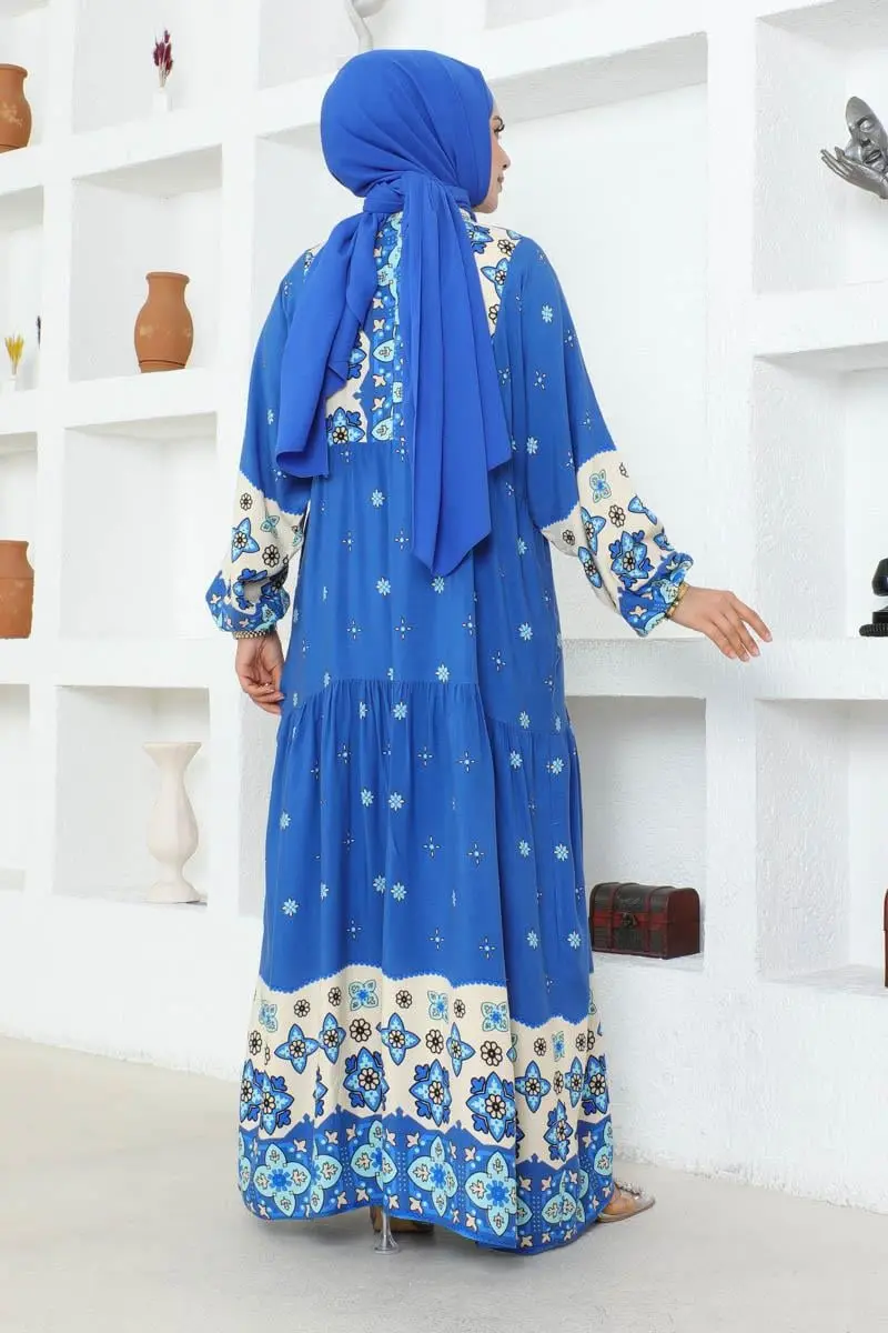 Otantik Desenli Viskon Elbise Indigo-detail