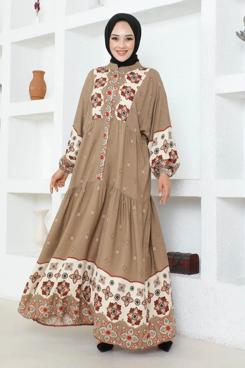 Otantik Desenli Viskon Elbise Kiremit-detail