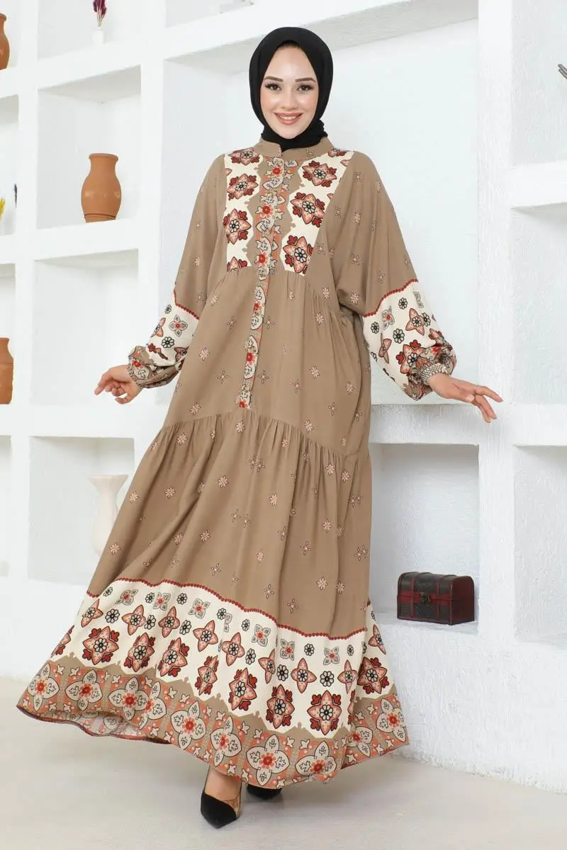 Otantik Desenli Viskon Elbise Kiremit-detail