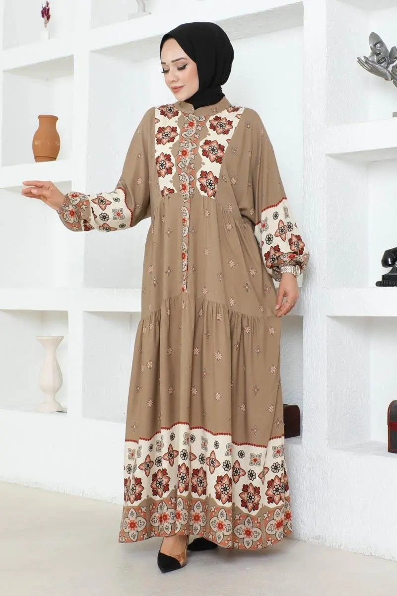 Otantik Desenli Viskon Elbise Kiremit-detail