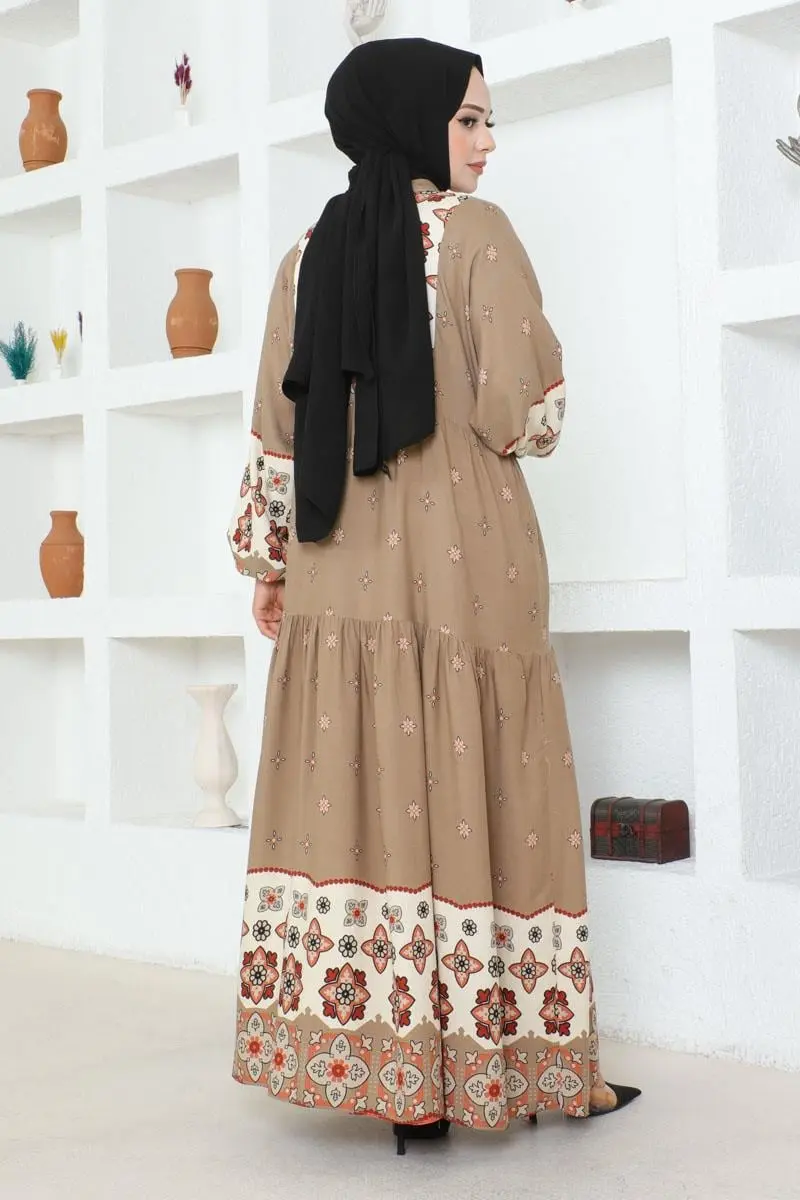 Otantik Desenli Viskon Elbise Kiremit-detail