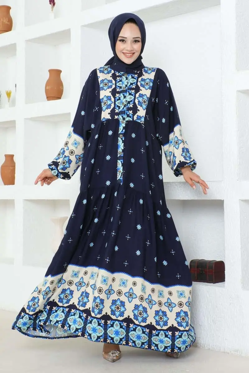 Otantik Desenli Viskon Elbise Lacivert-detail