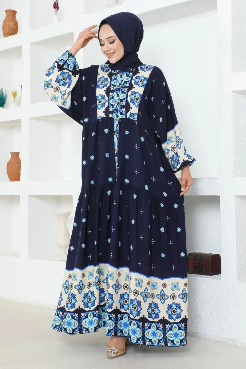 Otantik Desenli Viskon Elbise Lacivert-detail