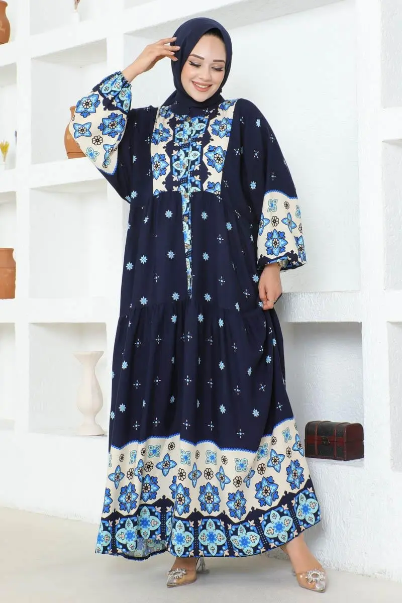 Otantik Desenli Viskon Elbise Lacivert-detail