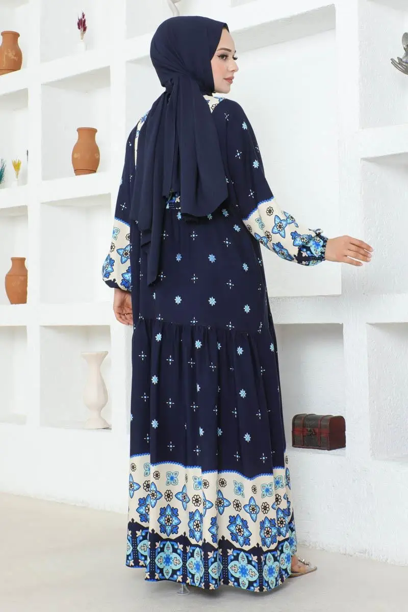 Otantik Desenli Viskon Elbise Lacivert-detail