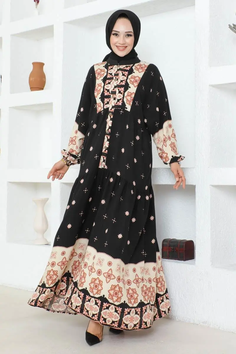 Otantik Desenli Viskon Elbise Siyah-detail