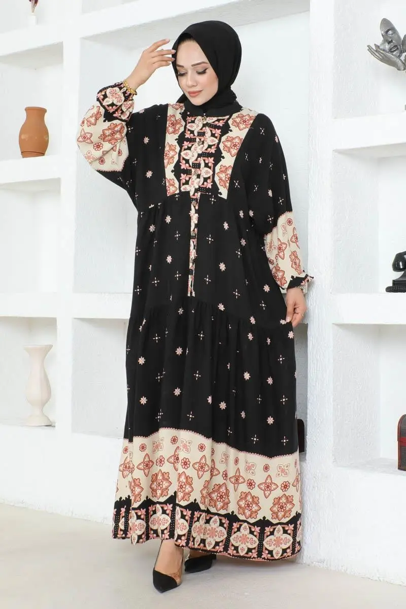 Otantik Desenli Viskon Elbise Siyah-detail