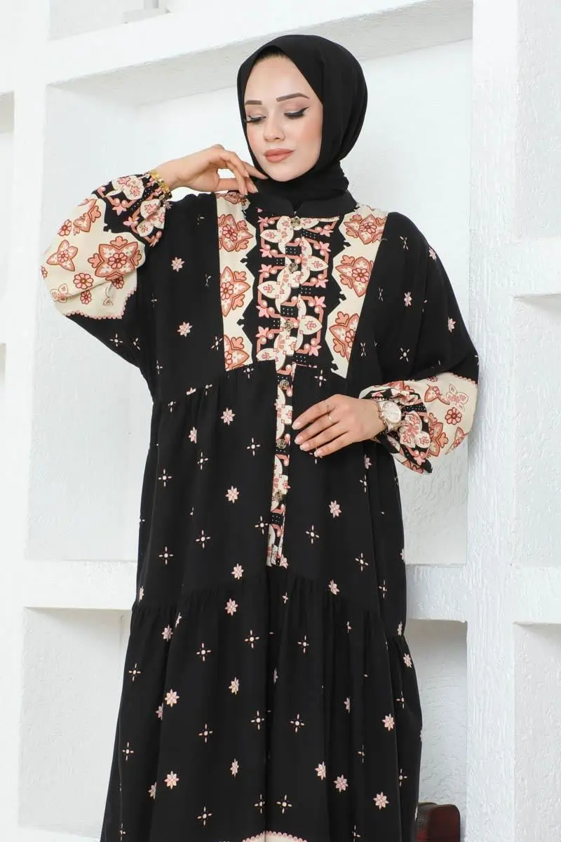 Otantik Desenli Viskon Elbise Siyah-detail