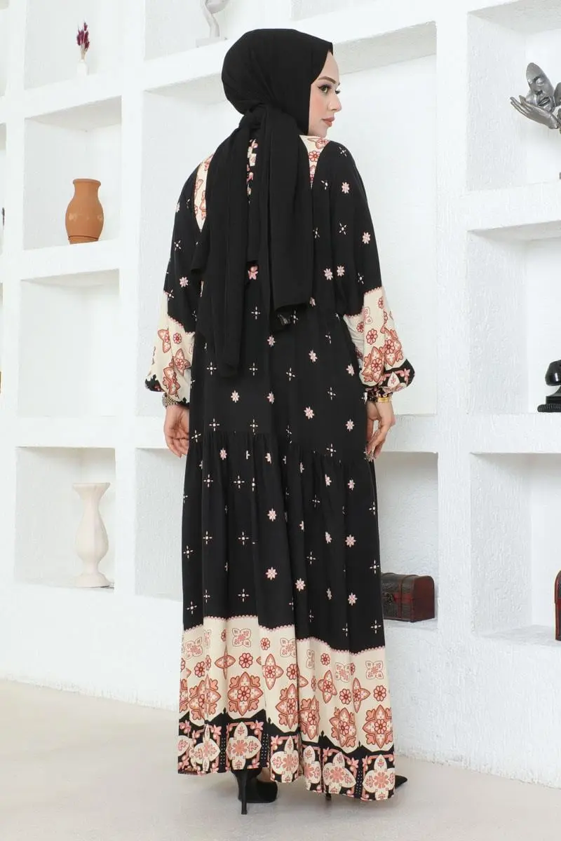 Otantik Desenli Viskon Elbise Siyah-detail