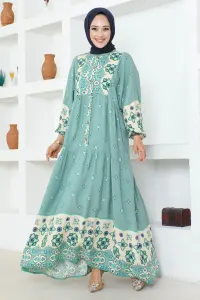 Otantik Desenli Viskon Elbise Çagla Yeşili