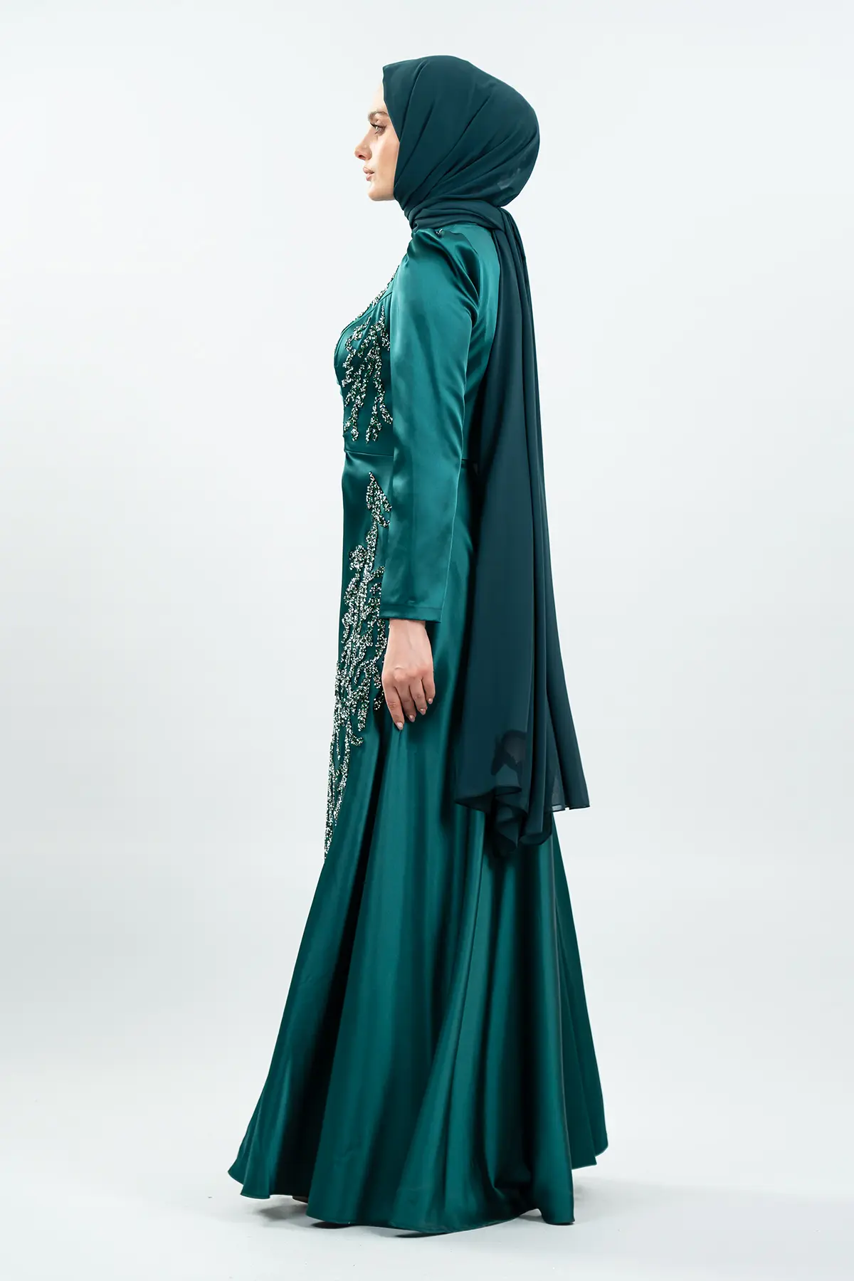 Özel Tasarım Taş Işlemeli Yeşil Tesettür Abiye-detail