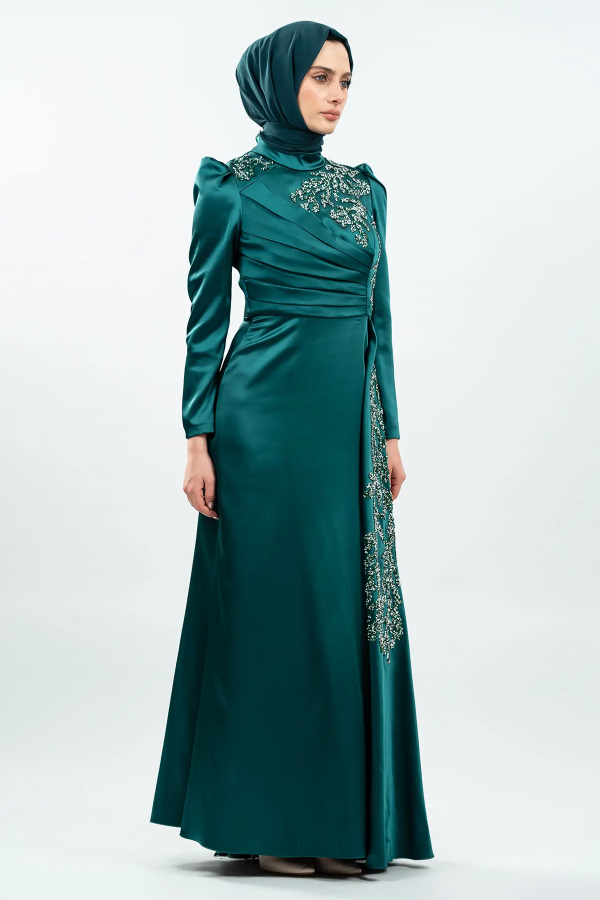 Özel Tasarım Taş Işlemeli Yeşil Tesettür Abiye-detail